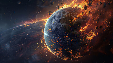Animated portrayal of a breaking point, where Earth, engulfed in flames, finally shatters under the pressure of human exploitation,