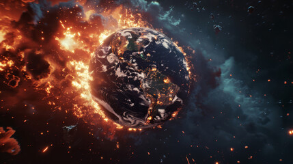 Animated portrayal of the Earth spinning, each rotation accelerating the spread of flames across its surface,