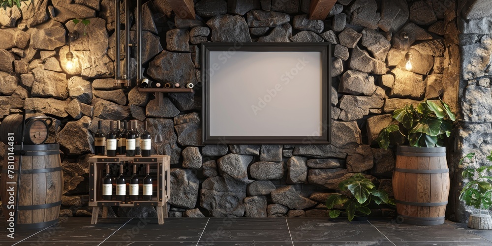 Poster a wine cellar with a large empty frame on the wall. the empty frame is surrounded by wine bottles an