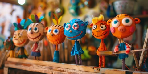 A group of colorful stuffed animals are displayed on a shelf. The animals are all smiling and seem to be happy