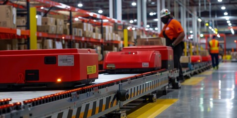 Naklejka premium A man in an orange shirt is working in a warehouse. There are many red robots on a conveyor belt