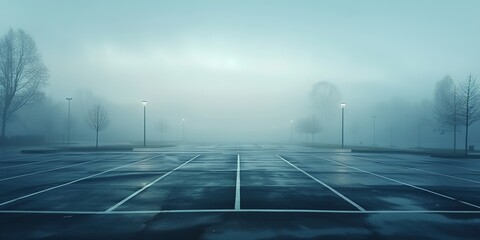 An empty parking lot on a cold, wet, foggy evening. An atmosphere of peace, mystery and mysticism. Generative AI - obrazy, fototapety, plakaty