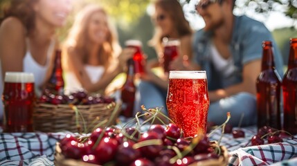 Group Of Friends Enjoying Picnic With Cherry Beer On Sunny Day, Focus On Foreground With Glass of Beer And Fresh Cherries, Summer Leisure Concept, AI Generated
