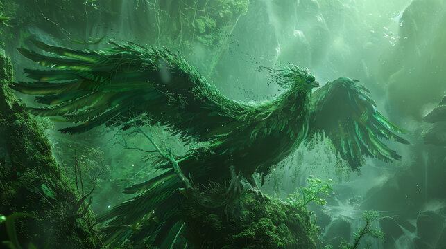 Artistic concept of a rebirth, with nature slowly reclaiming spaces abandoned by humanity, a green phoenix rising,