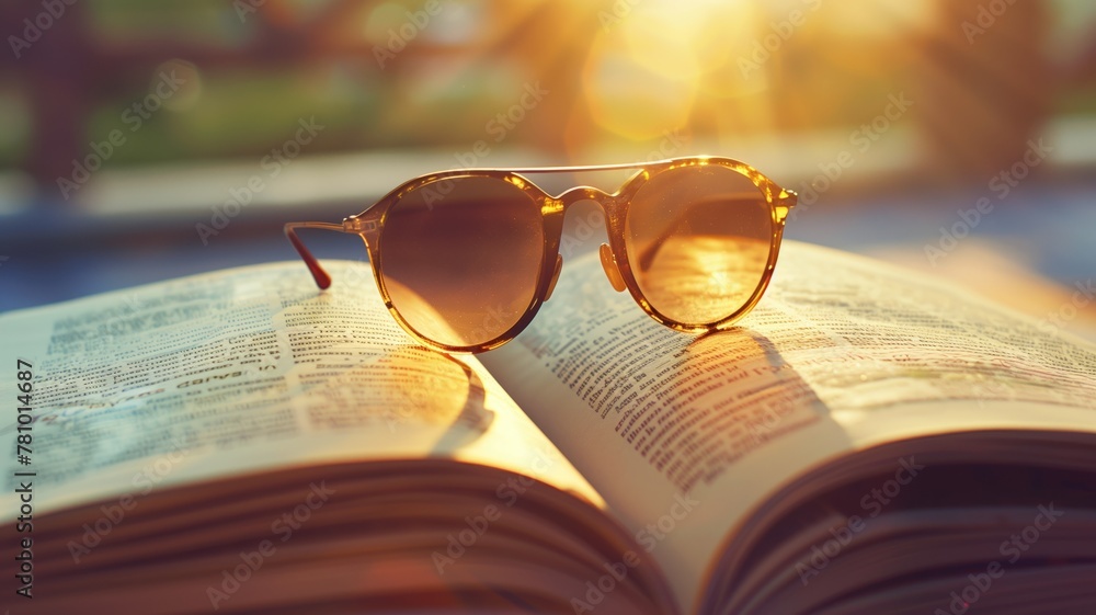 Aufkleber sunglasses resting on open book with pages catching warm glow of setting sun in background