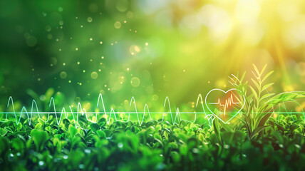 Vivid image of fresh green foliage with heart rate line and glowing particles, symbolizing health nature - obrazy, fototapety, plakaty