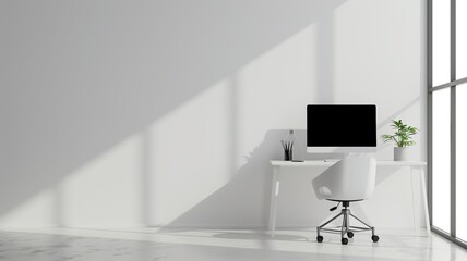 Modern workspace with blank computer screen on white desk, office chair, and plant near window casting shadows