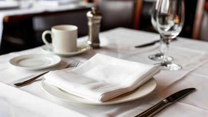 Elegantly set table with white napkin, cutlery, and dinnerware ready for meal