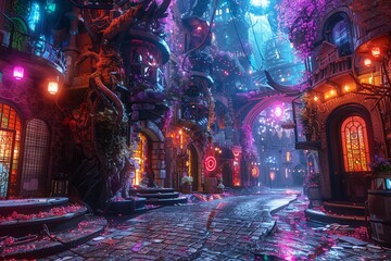 Virtual reality game, bursting with colors and imaginative elements ,ultra HD,clean sharp,high resulution
