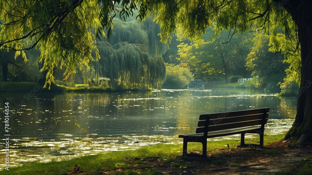 Poster serene park scene with bench overlooking tranquil pond surrounded by lush green trees and soft sunli
