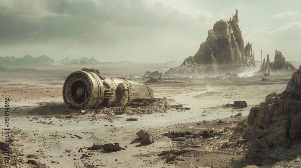 Wall mural artistic portrayal of a desolate future, with remnants of technological advancement scattered across