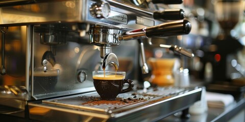 A coffee machine is pouring coffee into a cup - obrazy, fototapety, plakaty