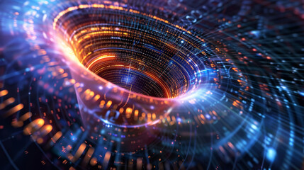 Obraz premium Artistic interpretation of a digital vortex, drawing information into a nucleus of quantum computing power,