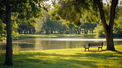Serene park scene with bench overlooking calm lake surrounded by lush green trees bathed in warm sunlight - obrazy, fototapety, plakaty