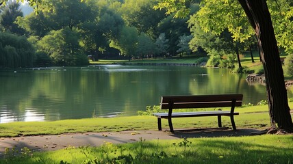 Tranquil park scene with wooden bench overlooking pond surrounded by lush greenery and trees