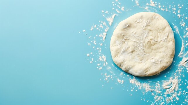 Ball of dough on blue surface with flour scattered around