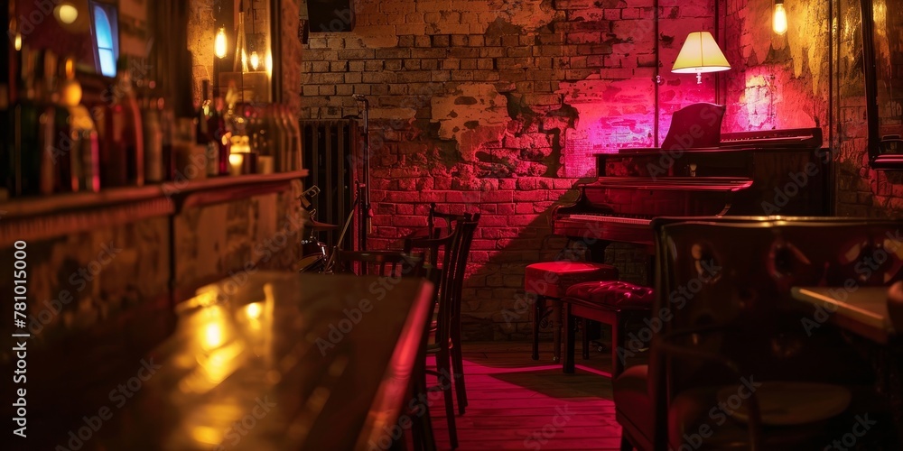 Poster a dimly lit bar with a brick wall and a neon sign. the bar is empty and the only people visible are 