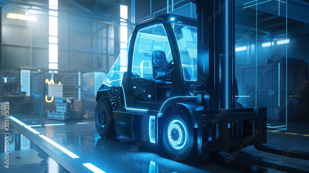 Wall mural Artistic rendition of a futuristic forklift with holographic controls and AI-guided navigation, - Wall murals