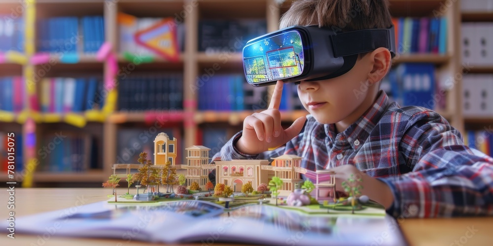 Poster a boy is playing with a vr headset and pointing at a book. the scene is set in a library with many b