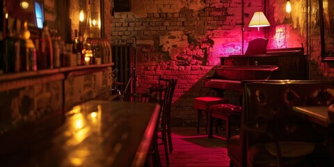 A dimly lit bar with a brick wall and a neon sign. The bar is empty and the only people visible are the ones in the background - obrazy, fototapety, plakaty