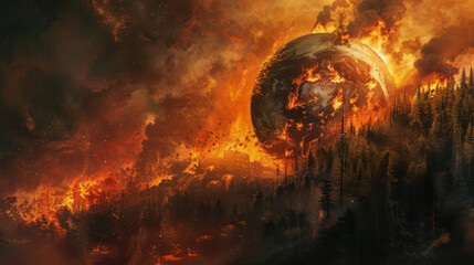Artistic rendition of a burning globe, flames consuming forests and cities alike, - obrazy, fototapety, plakaty