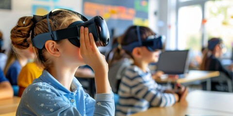 Fototapeta na wymiar A girl wearing a virtual reality headset is sitting at a desk with other children. The scene is set in a classroom, and the children are likely participating in a VR activity