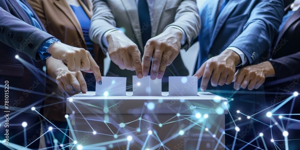 Poster a group of people are voting on a piece of paper. the image is a representation of a voting machine