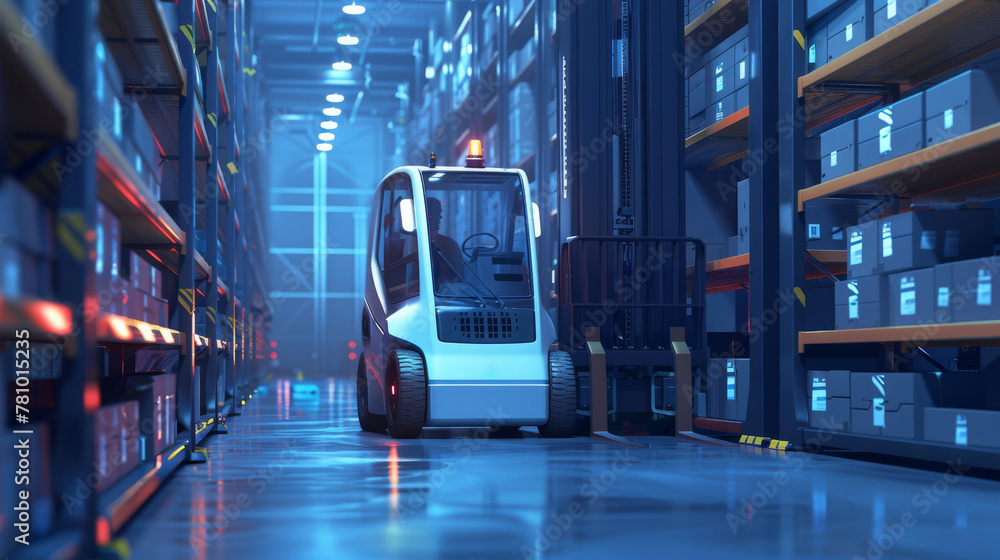 Wall mural Concept art of a forklift with integrated AI and sensors, autonomously loading goods onto shelves, - Wall murals