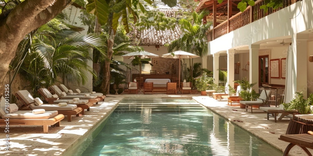 Poster a pool with a lot of lounge chairs and umbrellas. the pool is surrounded by trees and has a lot of g