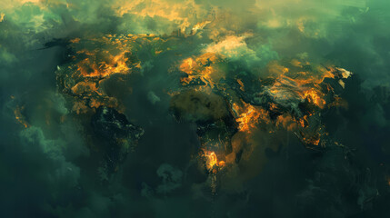 Concept art of a fractured world map, the fissures filled with the glow of wildfires and industrial pollution, - obrazy, fototapety, plakaty