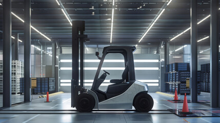 Concept art of a futuristic forklift prototype being tested in a high-tech logistics lab, - obrazy, fototapety, plakaty