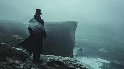 A man in a top hat and coat stands atop a cliff back turned towards the camera as admires the view of the ocean below. The . . - obrazy, fototapety, plakaty