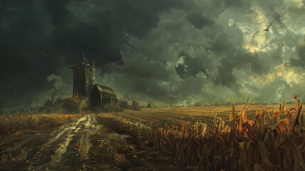 Concept art of agricultural lands, now barren and unyielding, under a darkened sky,