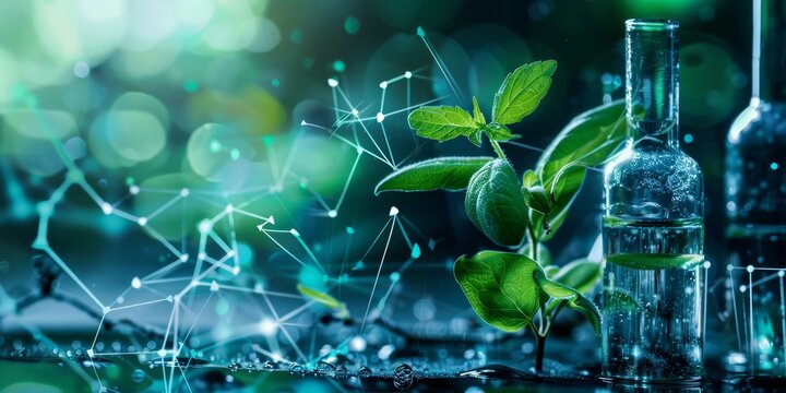 A green plant is surrounded by a web of lines and dots. The plant is in the center of the image and is surrounded by two bottles. The image has a futuristic and technological feel to it