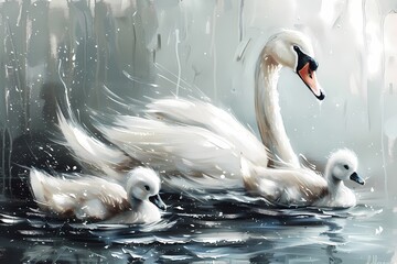 Oil painting digital art prints wall art features white swan swimming in the pond, farmhouse decor, nature theme - obrazy, fototapety, plakaty