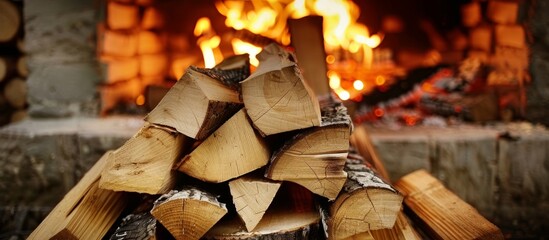 A close-up view of a neat pile of logs arranged in front of a crackling and warm fire in a fireplace