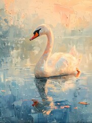 Oil painting digital art prints wall art features white swan swimming in the pond, farmhouse decor