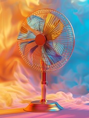 Summer fan in fashionable style, bright colors cooling a hot ambiance, beautifully displayed ,3DCG,clean sharp focus