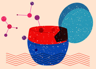 Risograph Face cream container with speech bubble with geometric shapes. Objects in trendy riso graph print texture style design with geometry elements.