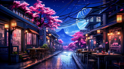 Serene Night Street with Cherry Blossoms and Mountain View