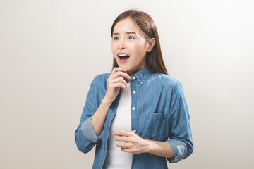 Smile positive, feeling amazed asian young woman, girl in casual, portrait of pretty female with...