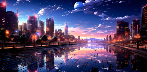 Reflective Cityscape at Twilight with Urban Skyline