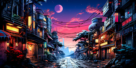 Neon Twilight in Traditional Eastern City Street illustration