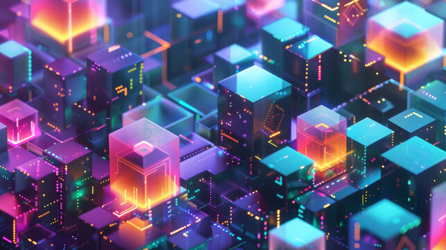 Conceptual design of a decentralized finance (DeFi) landscape, highlighting TVL in vibrant blocks,