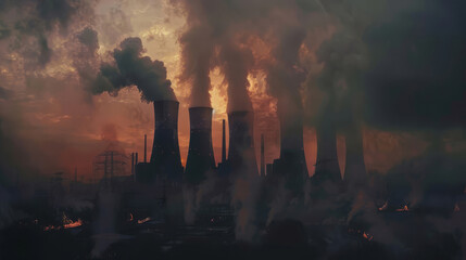 Fototapeta na wymiar Dark silhouette of a power plant, with emissions forming ominous shapes against a polluted sky,
