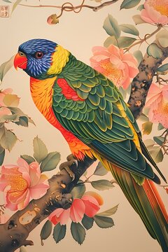 Oil painting digital art prints wall art features parrot  bird on the branch, chinoiserie minimal farmhouse decor with nature theme