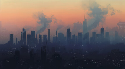 Darkened skyline of major cities, with landmarks obscured by the effects of pollution and smog,
