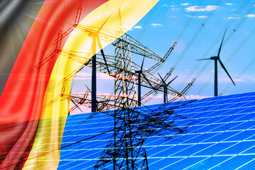 Flagge von Deutschland und Energieerzeugung aus Wind und Sonne