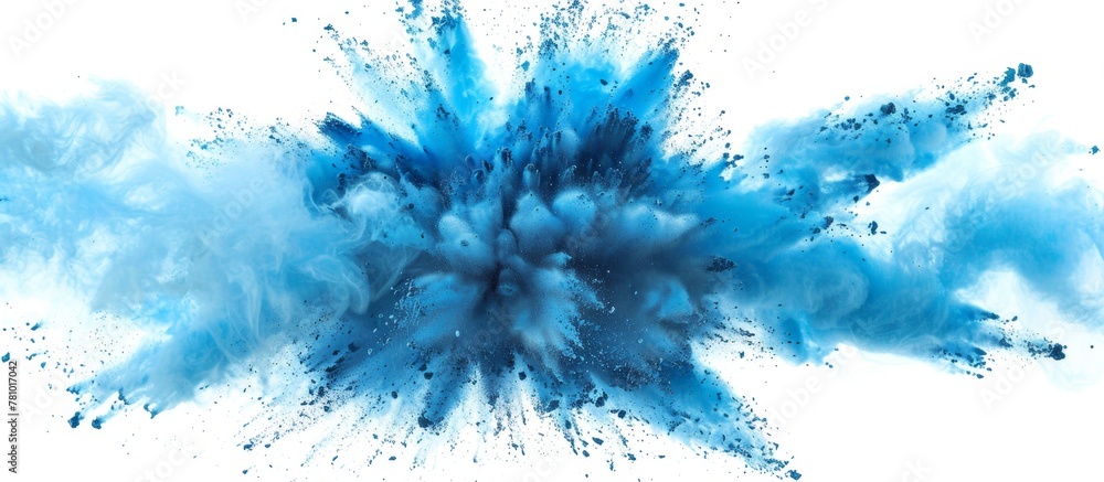 Poster a high-speed photograph capturing a vibrant blue powder explosion in the air, creating a dynamic and