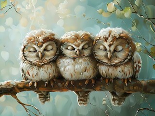 Illustration features a group of  cute owl perches on branch wall art,  vintage farmhouse decor, digital art print, wallpaper, background 